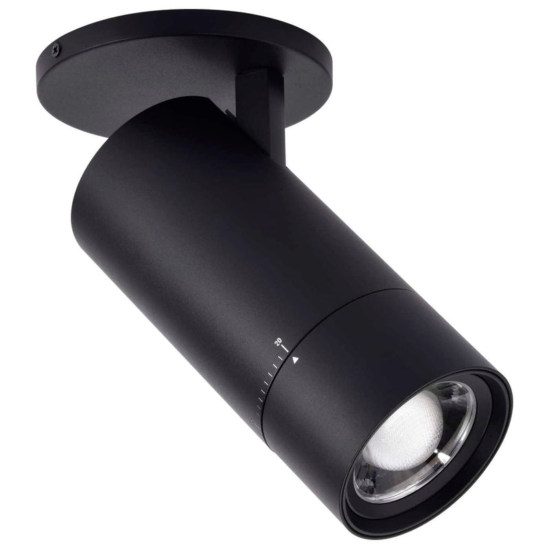 A matte black cylindrical track spotlight with a circular ceiling mount, shown at an angle against a solid white background.