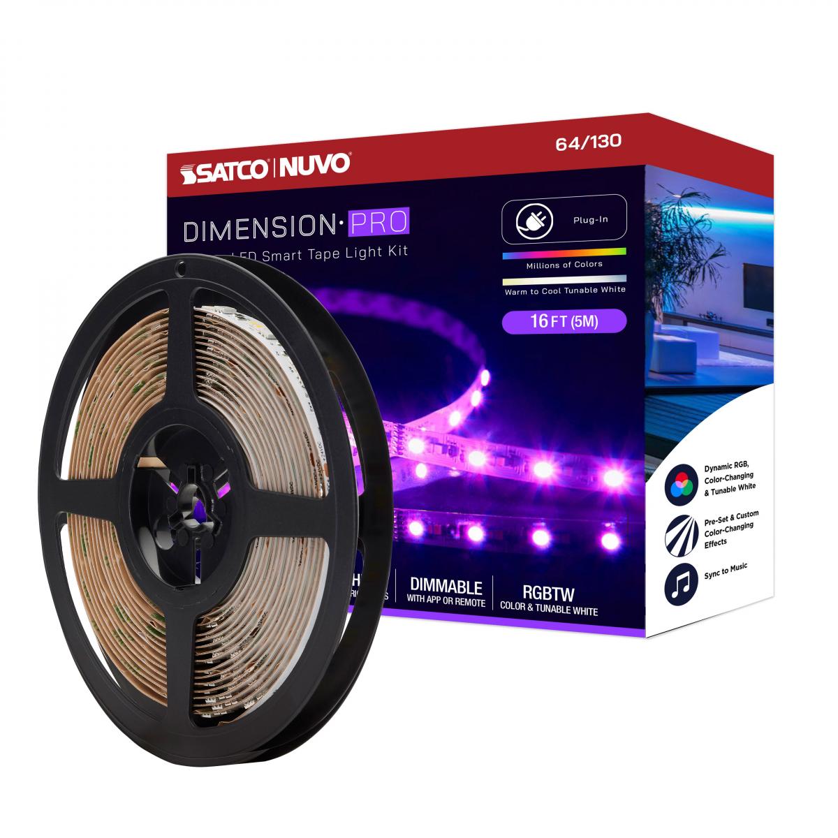 Dimension Pro, Tape Light Strip, 16 ft, Hi-Output, RGB plus Tunable White, Plug connection, Starfish IOT Capable, IR Remote Included