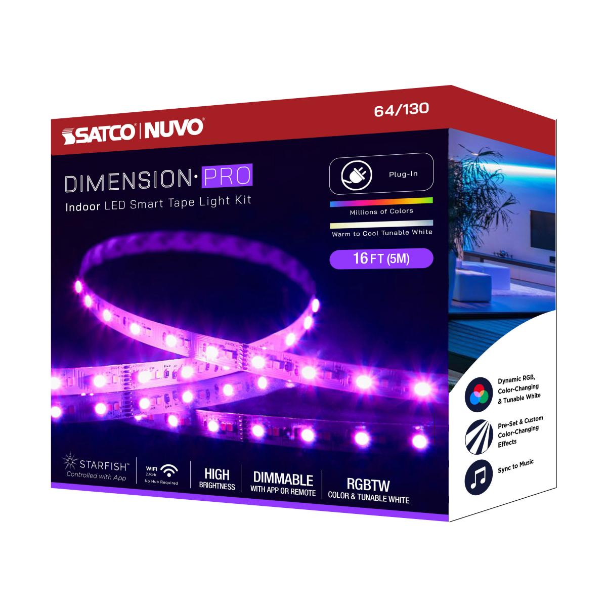 Dimension Pro, Tape Light Strip, 16 ft, Hi-Output, RGB plus Tunable White, Plug connection, Starfish IOT Capable, IR Remote Included