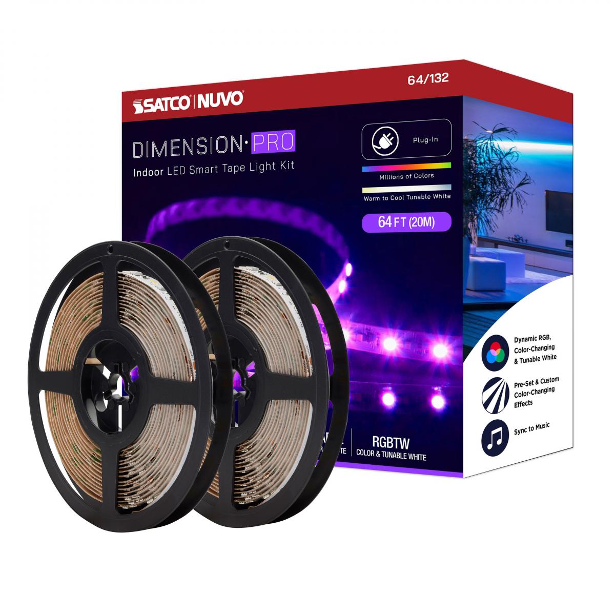 Dimension Pro, Tape Light Strip; 64 ft, Hi-Output, RGB plus Tunable White, Plug connection, Starfish IOT Capable, IR Remote Included