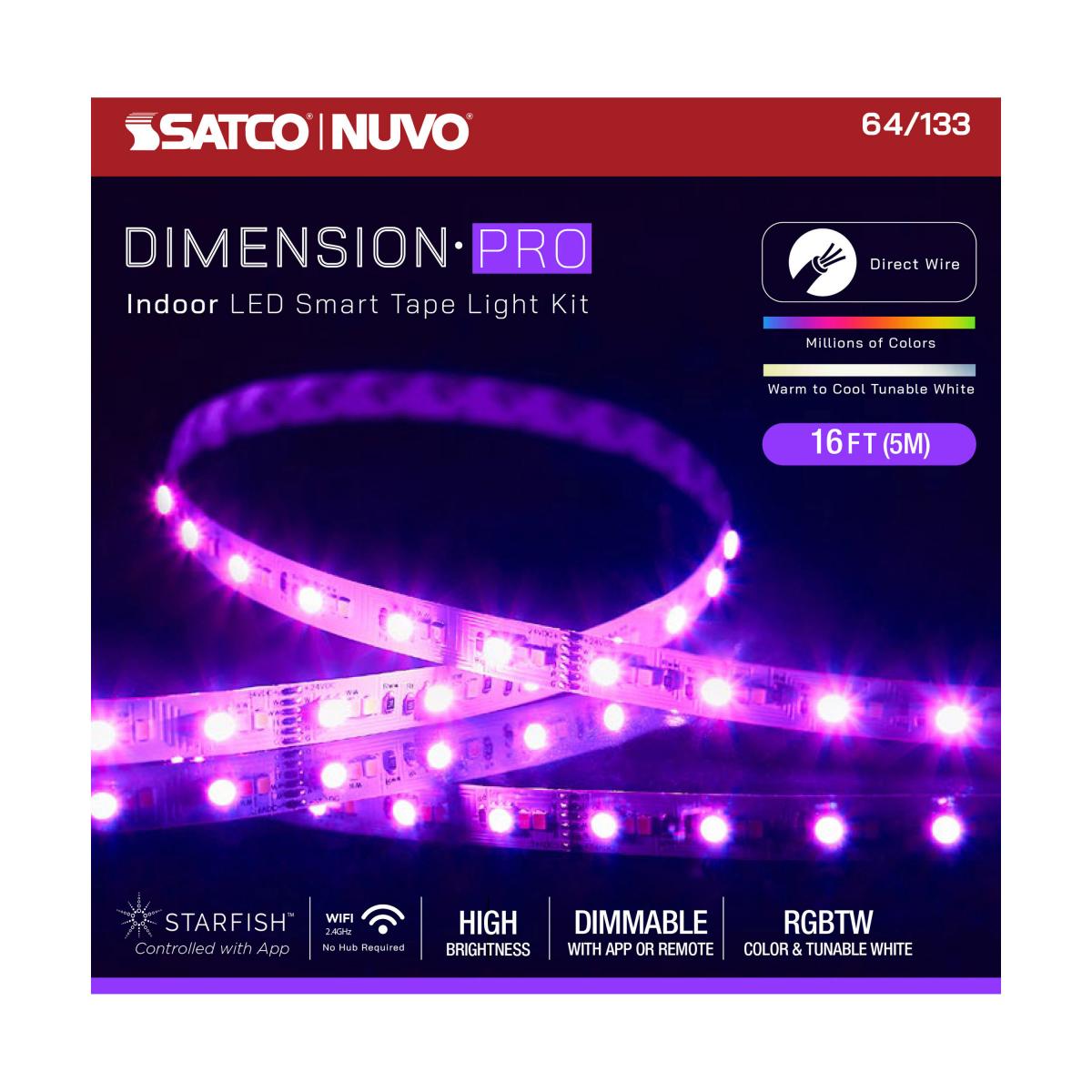 Dimension Pro, Tape Light Strip, 16 ft, Hi-Output, RGB plus Tunable White, J-Box connection, Starfish IOT Capable, IR Remote Included