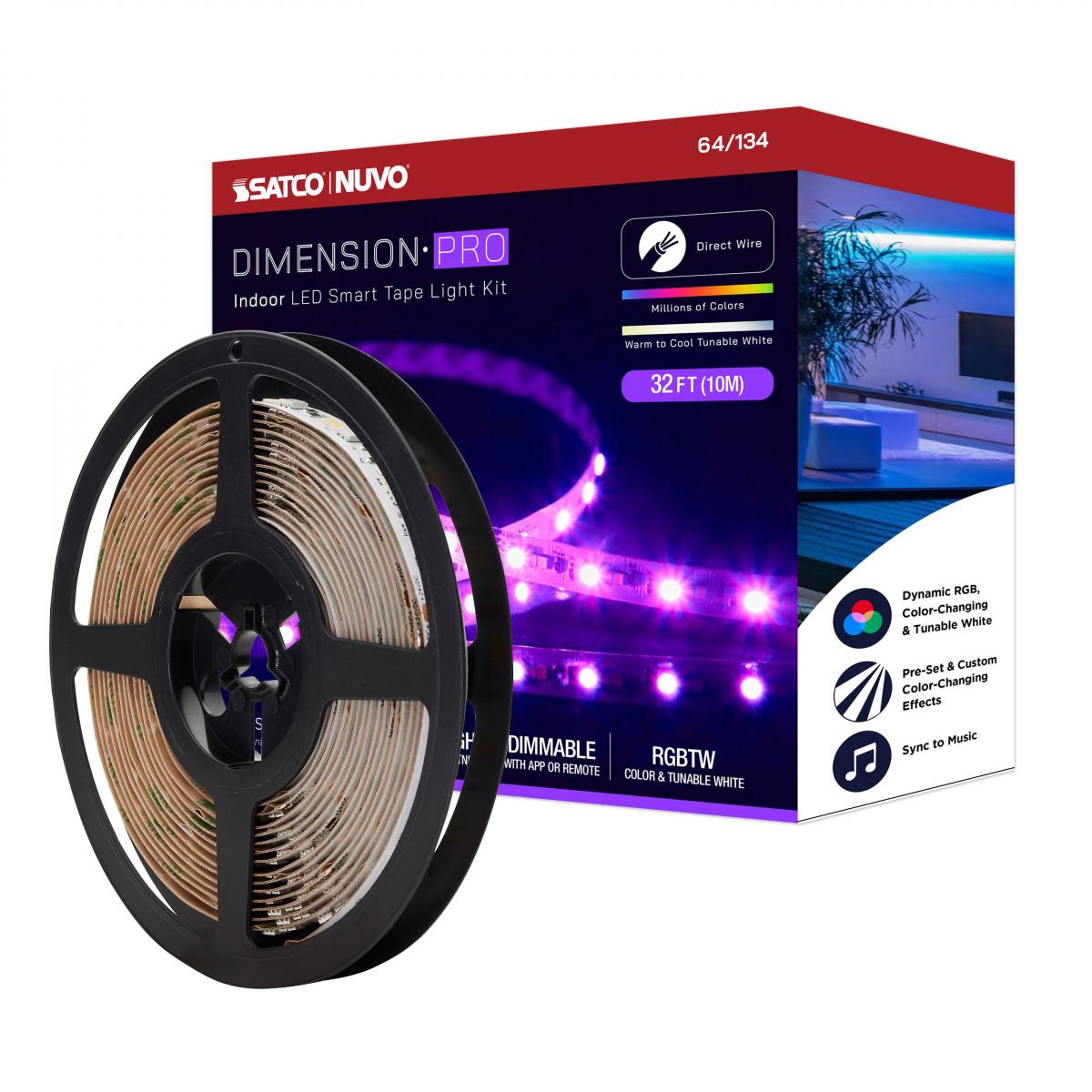 Dimension Pro, Tape Light Strip, 32 ft, Hi-Output, RGB plus Tunable White, J-Box connection, Starfish IOT Capable, IR Remote Included