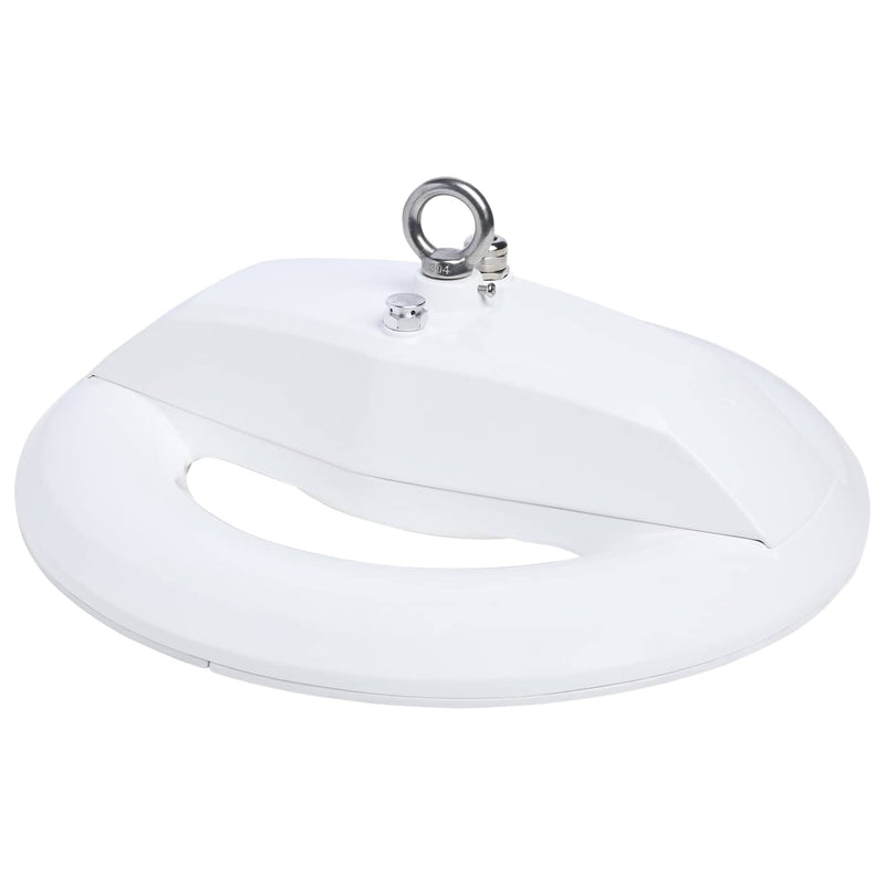 White oval led ufo high bay light fixture with polished chrome ring and bolt 30,000 lumen selectable wattage and cct