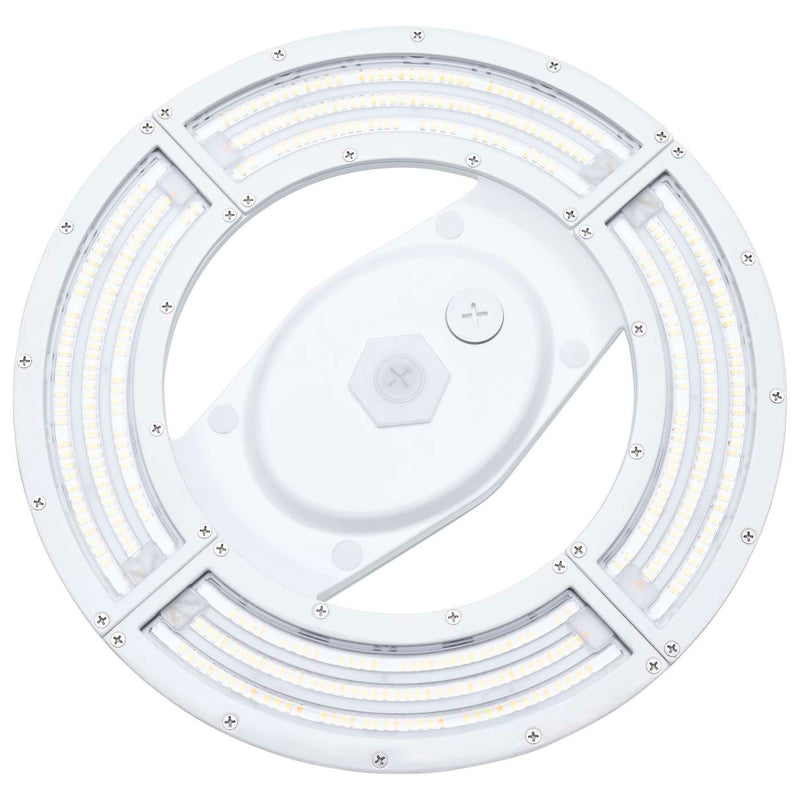 White circular led ufo high bay ceiling light with multiple bright leds and central hexagonal control panel