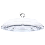 White led ufo high bay light fixture with metallic hanging ring and silver concentric trim 30,000 lumen max