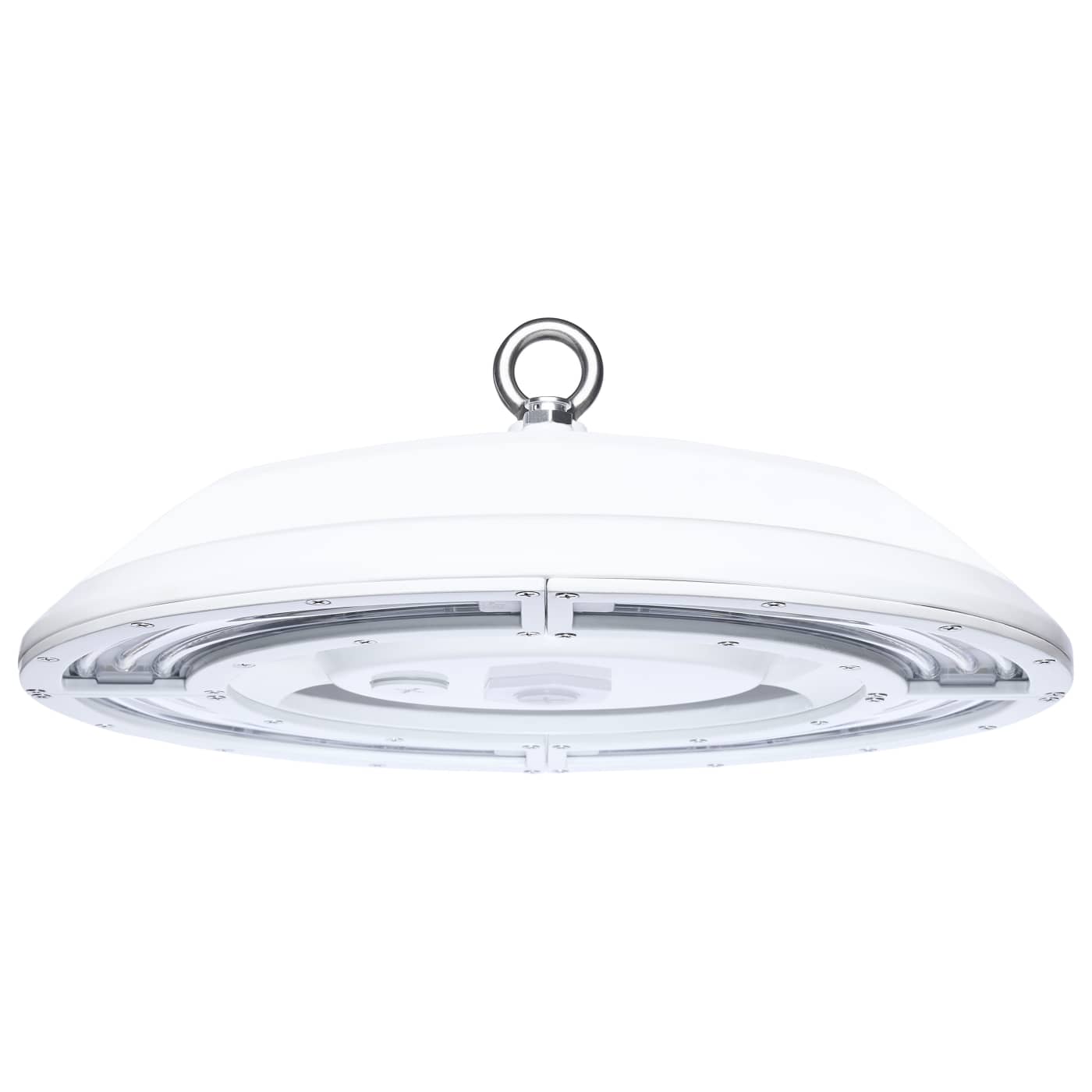 White led ufo high bay light fixture with metallic hanging ring and silver concentric trim 30,000 lumen max