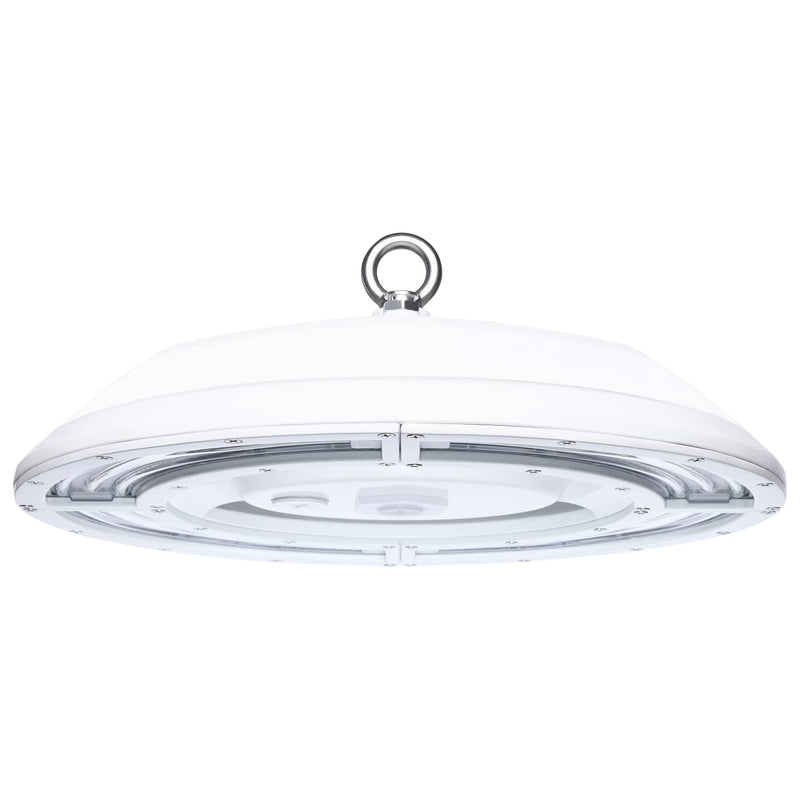 White led ufo high bay light fixture with metallic hanging ring and silver concentric trim 30,000 lumen max