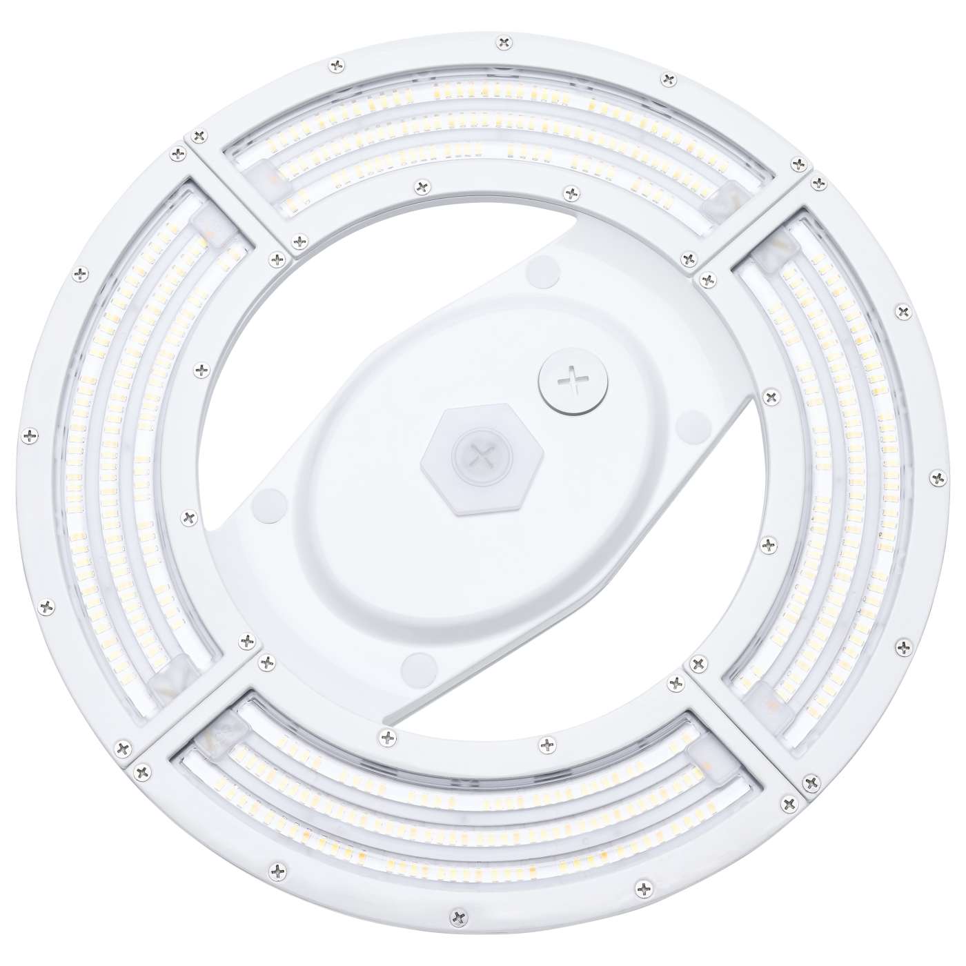 White circular led ufo high bay ceiling light with multiple bright leds and central hexagonal control panel, 30,000 lumen max