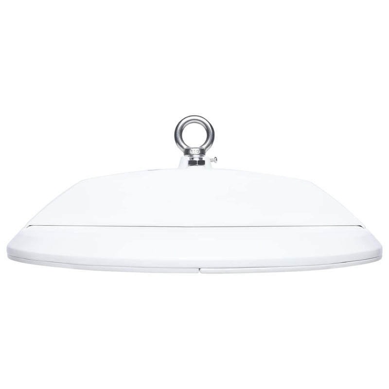 White sleek led ufo high bay light fixture with metallic hanging ring 30,000 lumen max wattage selectable