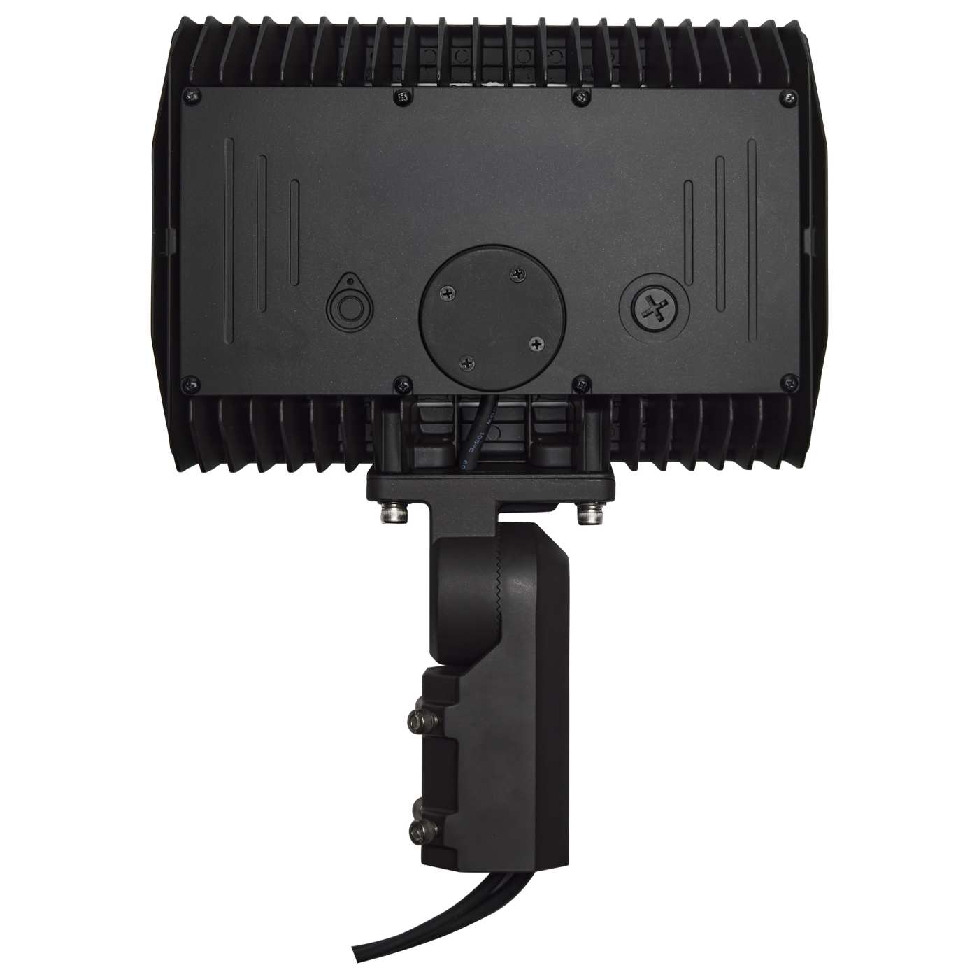 Black industrial light fixture on a white background