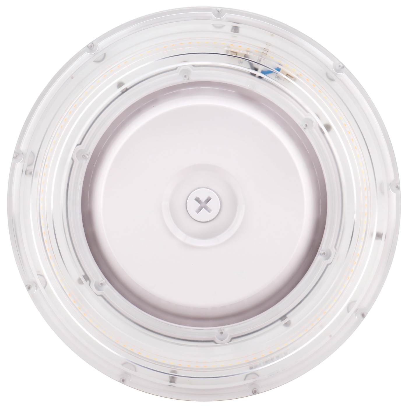 Bottom view of a white LED canopy light in a white background.