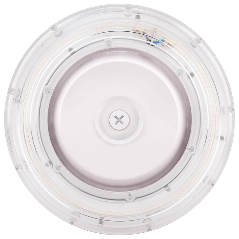 Bottom view of a white LED canopy light in a white background.