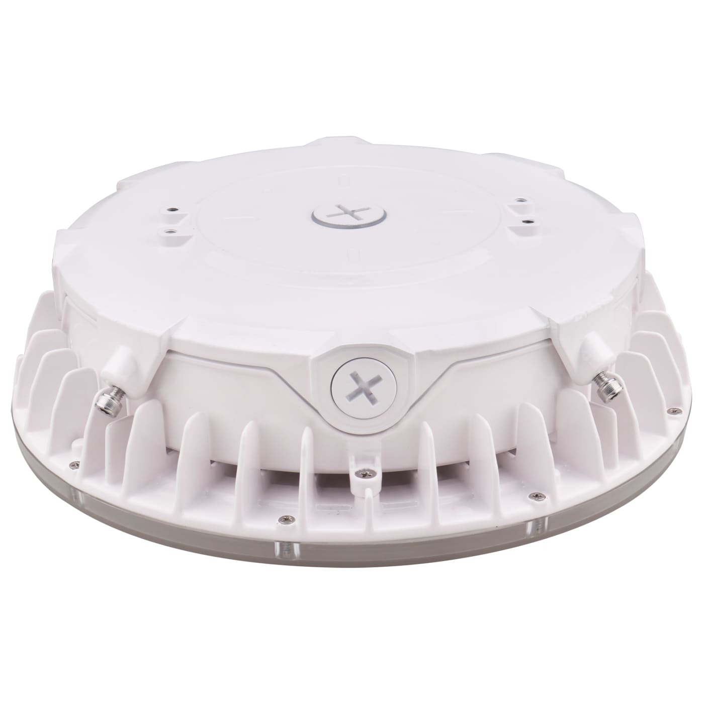 A white circular electronic device with a ribbed outer base and a flat top cover, photographed on a clean white background.