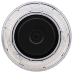 Bottom view of a bronze LED canopy light in a white background.