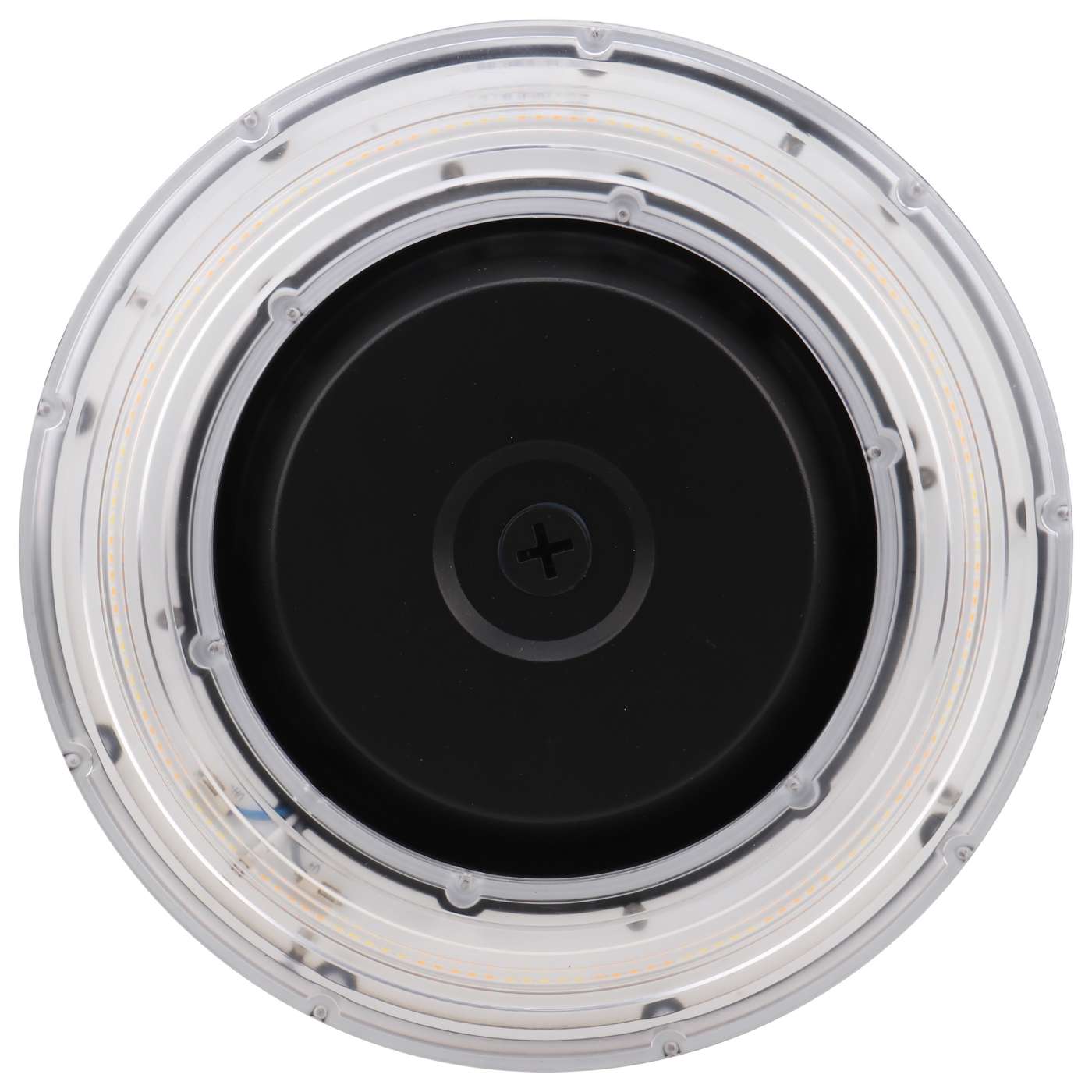 Bottom view of a bronze LED canopy light in a white background.