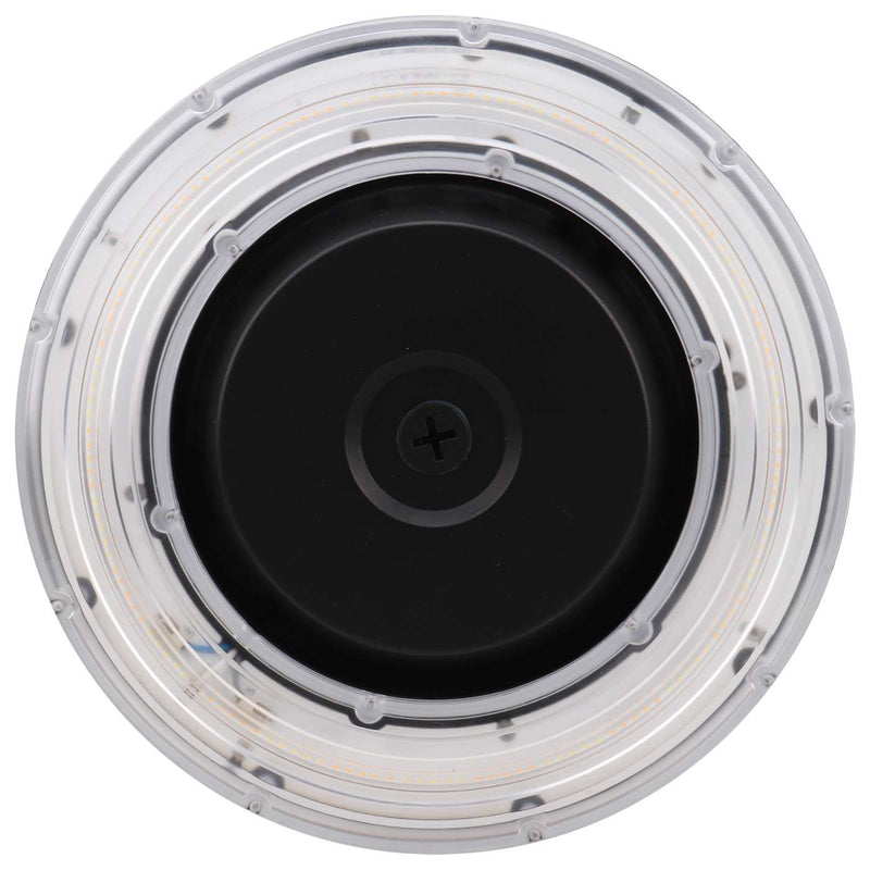 Bottom view of a bronze LED canopy light in a white background.