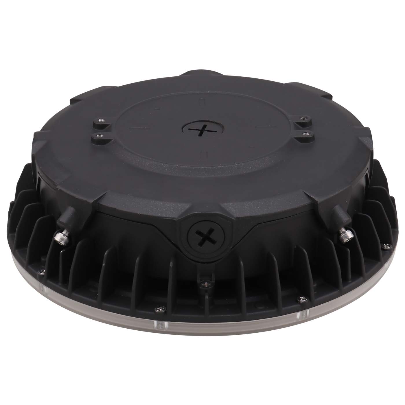 A bronze circular industrial LED light fixture with a ribbed metal heat sink base and silver screws, shown on a solid white background.