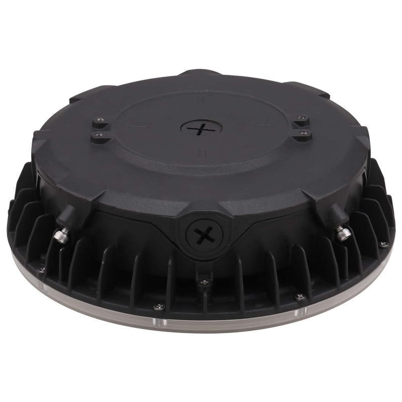 A bronze circular industrial LED light fixture with a ribbed metal heat sink base and silver screws, shown on a solid white background.