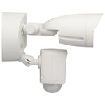 White outdoor security camera with two floodlights on a white background