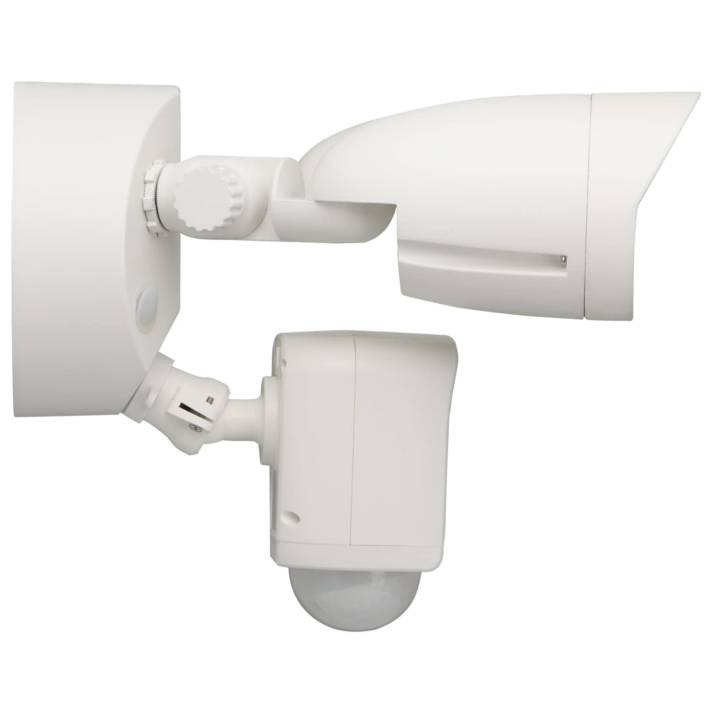 White outdoor security camera with two floodlights on a white background