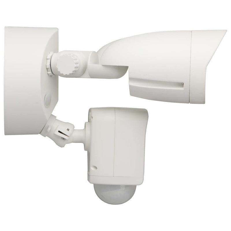 White outdoor security camera with two floodlights on a white background
