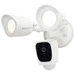 White outdoor security camera with light fixture on a white background
