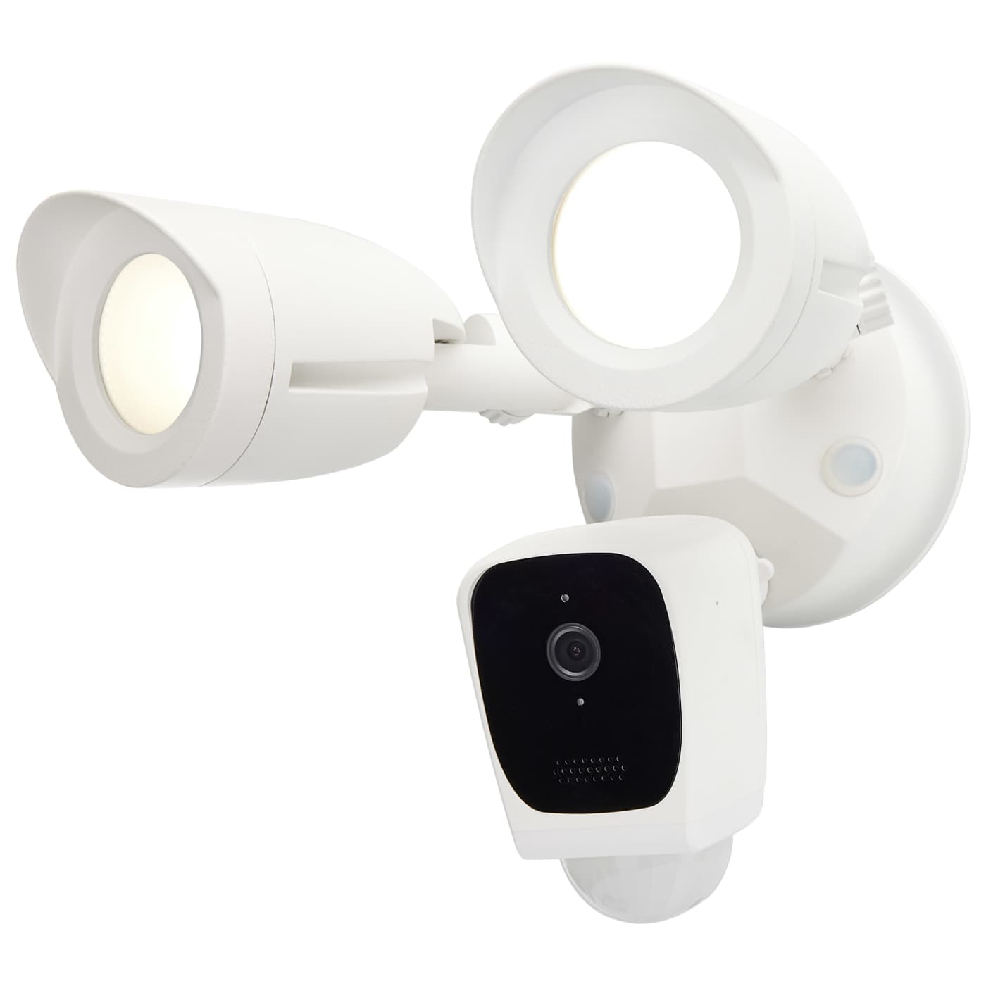 White outdoor security camera with light fixture on a white background