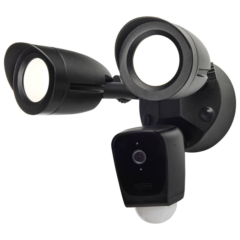Black outdoor security camera with light on a white background