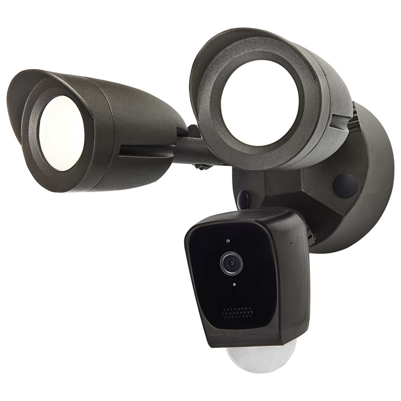Outdoor security camera with dual light fixtures on a white background