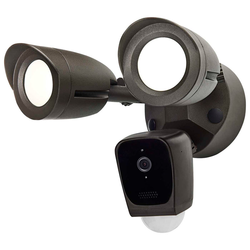 Outdoor security camera with dual light fixtures on a white background