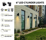 6" LED Architectural Wall Mount Cylinder Light, 2625 Lumen Max, Direct Down, Wattage and CCT Selectable, 120-277V, Black Finish