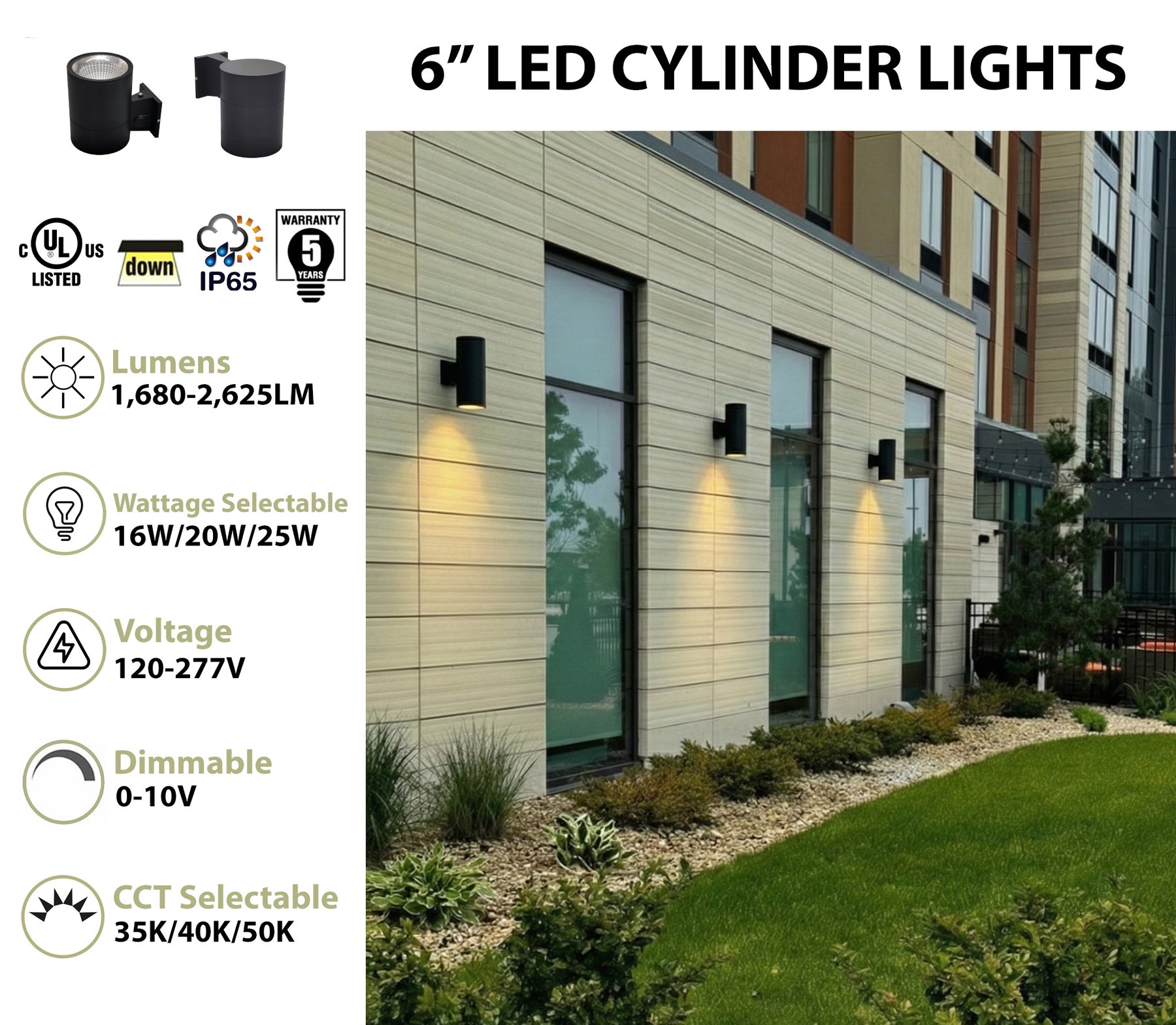6" LED Architectural Wall Mount Cylinder Light, 2625 Lumen Max, Direct Down, Wattage and CCT Selectable, 120-277V, Black Finish