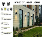 6" LED Architectural Wall Mount Cylinder Light, 5250 Lumen Max, Direct/Indirect, Wattage and CCT Selectable, 120-277V, Black Finish