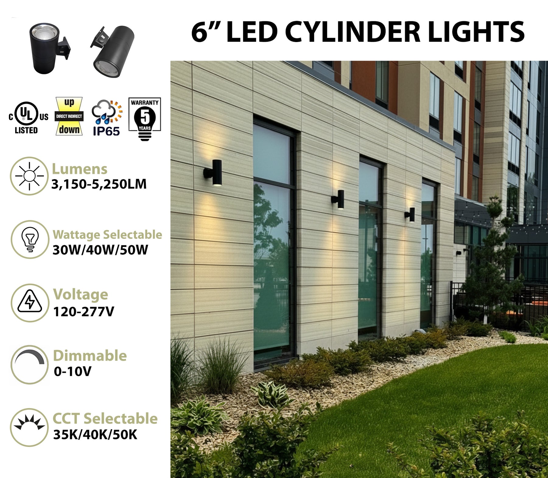 6" LED Architectural Wall Mount Cylinder Light, 5250 Lumen Max, Direct/Indirect, Wattage and CCT Selectable, 120-277V, Black Finish