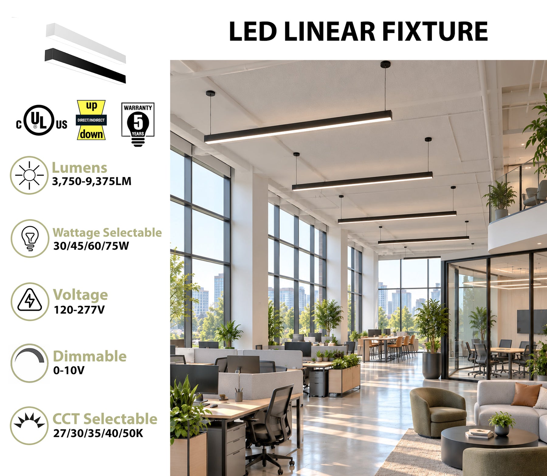 LED linear ceiling fixture shown installed in a modern office interior, with product specs listed on the left including lumens, wattage, voltage, dimmability, and CCT.