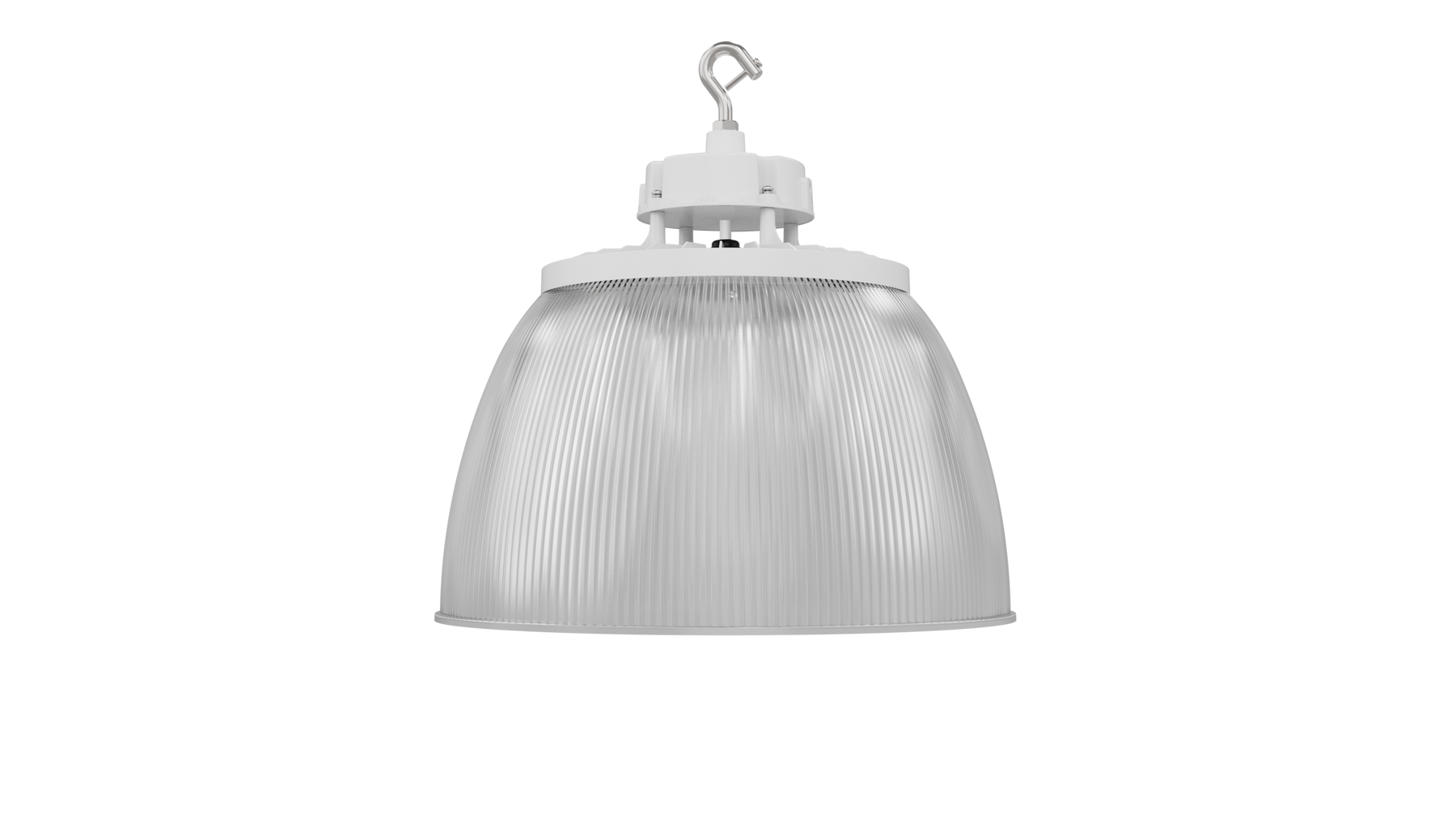 White industrial high bay pendant light with ribbed translucent diffuser and metallic mounting hardware static led ufo