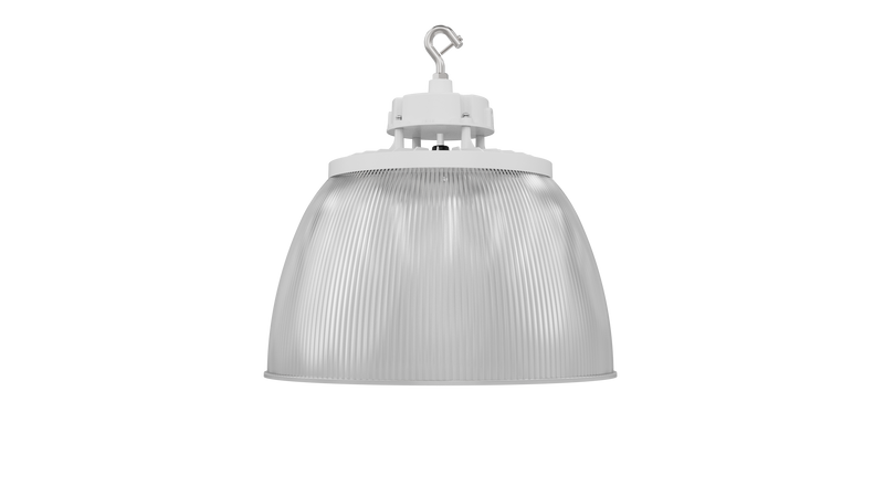 White industrial high bay pendant light with ribbed translucent diffuser and metallic mounting hardware static led ufo
