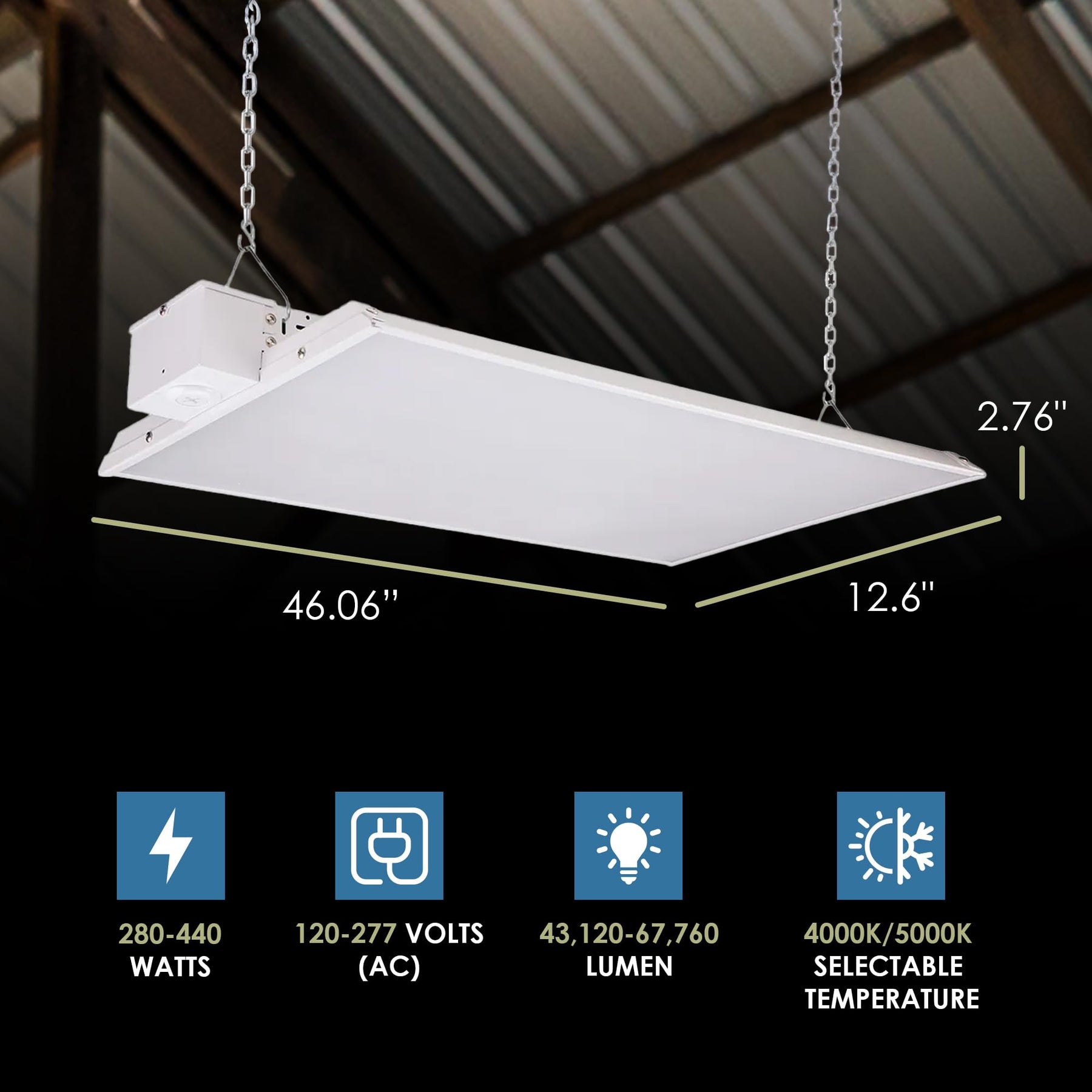 White rectangular led panel light with chain suspension condorx premium 4ft high bay sensor ready 67,760 lumen max