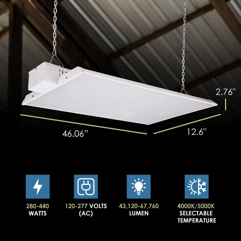 White rectangular led panel light with chain suspension condorx premium 4ft high bay sensor ready 67,760 lumen max