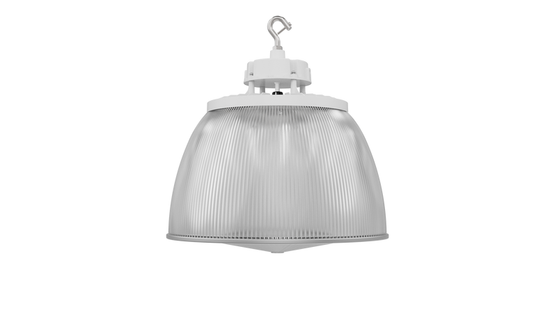 Static LED UFO high bay light with white finish, ribbed translucent glass dome, metal mount, 22,500 lumens 150 watt