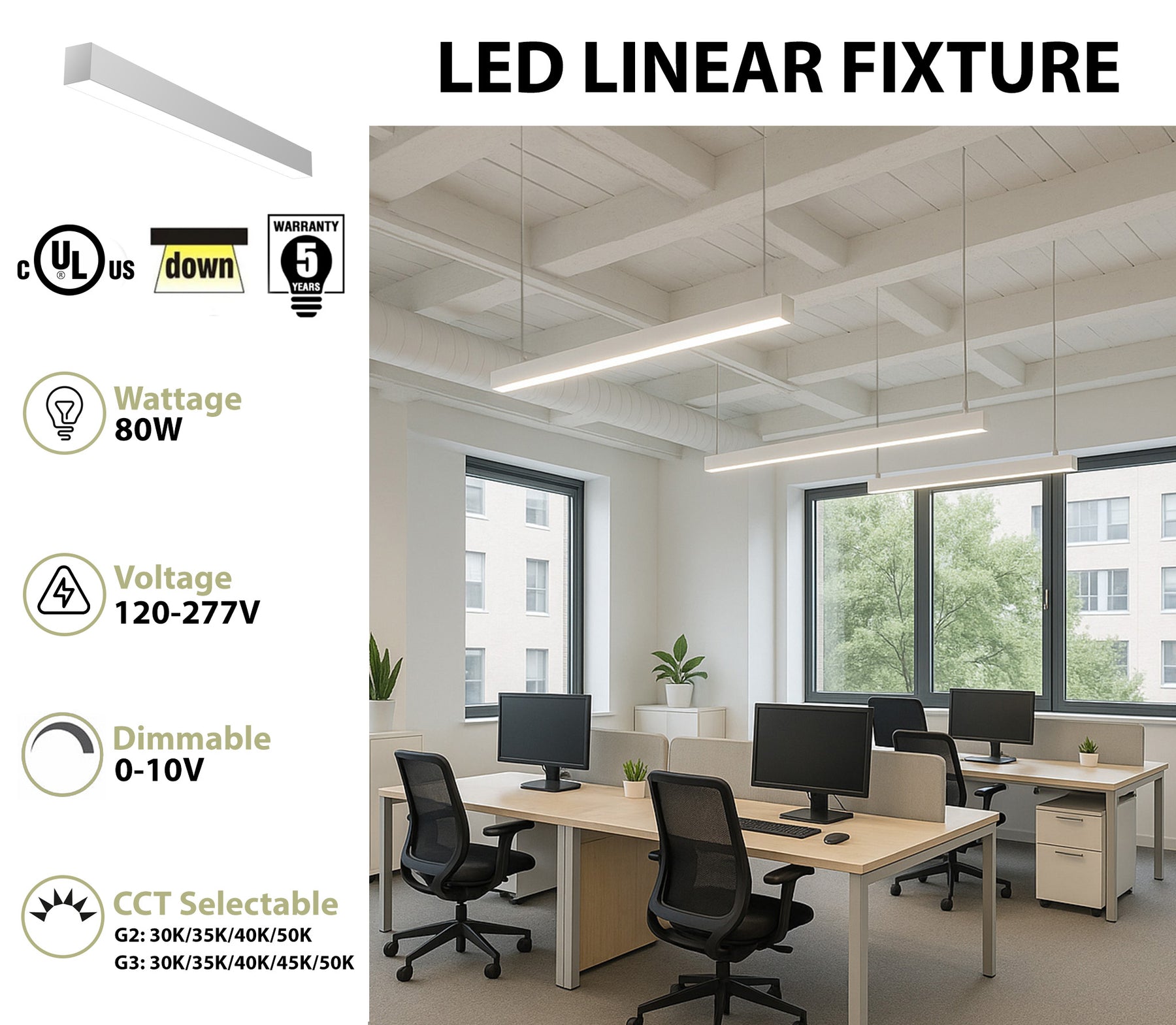 8 FT LED Linear Fixture, 9600 Lumen Max, 80W, CCT Selectable, 120-277V, White or Silver Finish
