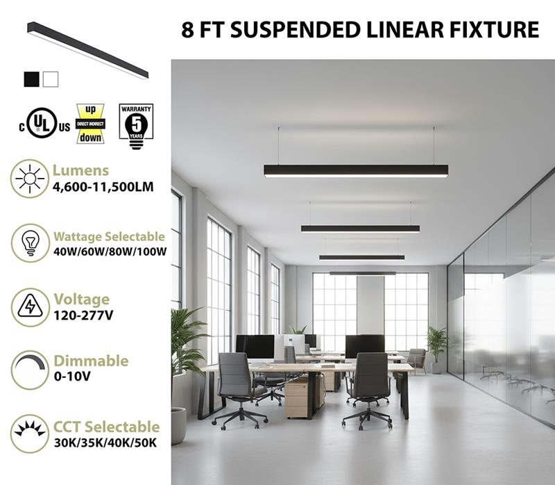 8 FT LED Direct/Indirect Suspended Linear Fixture, 4" Wide, 11,500 Lumen Max, Wattage and CCT Selectable, 120-277V, White or Black Finish