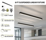 8 FT LED Direct/Indirect Suspended Linear Fixture, 4" Wide, 11,500 Lumen Max, Wattage and CCT Selectable, 120-277V, White or Black Finish