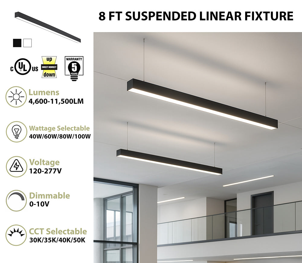 8 FT LED Direct/Indirect Suspended Linear Fixture, 4" Wide, 11,500 Lumen Max, Wattage and CCT Selectable, 120-277V, White or Black Finish