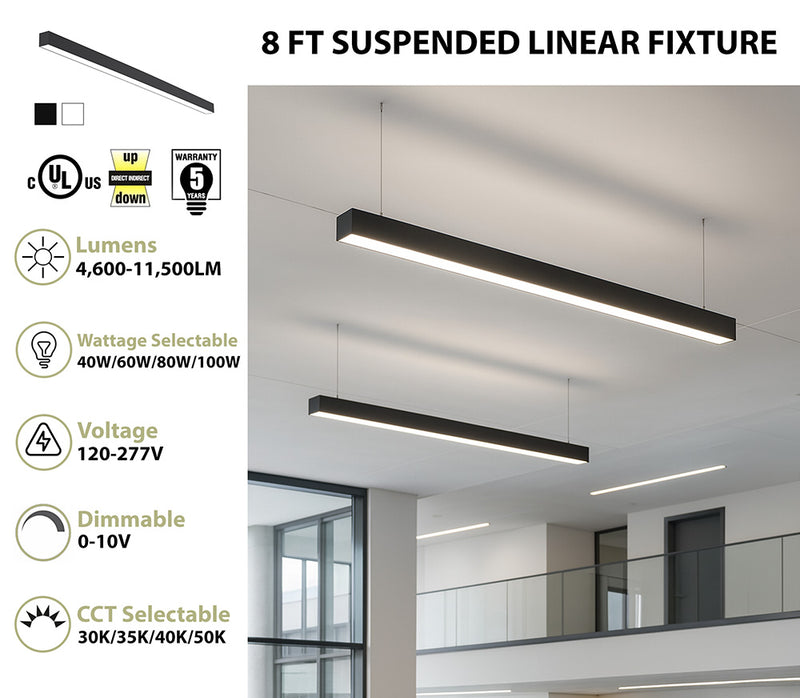 8 FT LED Direct/Indirect Suspended Linear Fixture, 4" Wide, 11,500 Lumen Max, Wattage and CCT Selectable, 120-277V, White or Black Finish