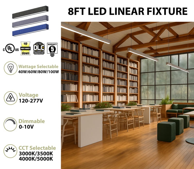 8 FT LED Direct/Indirect Suspended Acoustic Linear Fixture, 11,000 Lumen Max, Wattage and CCT Selectable, 120-277V, Dark Gray, Gray, or Royal Blue Finish