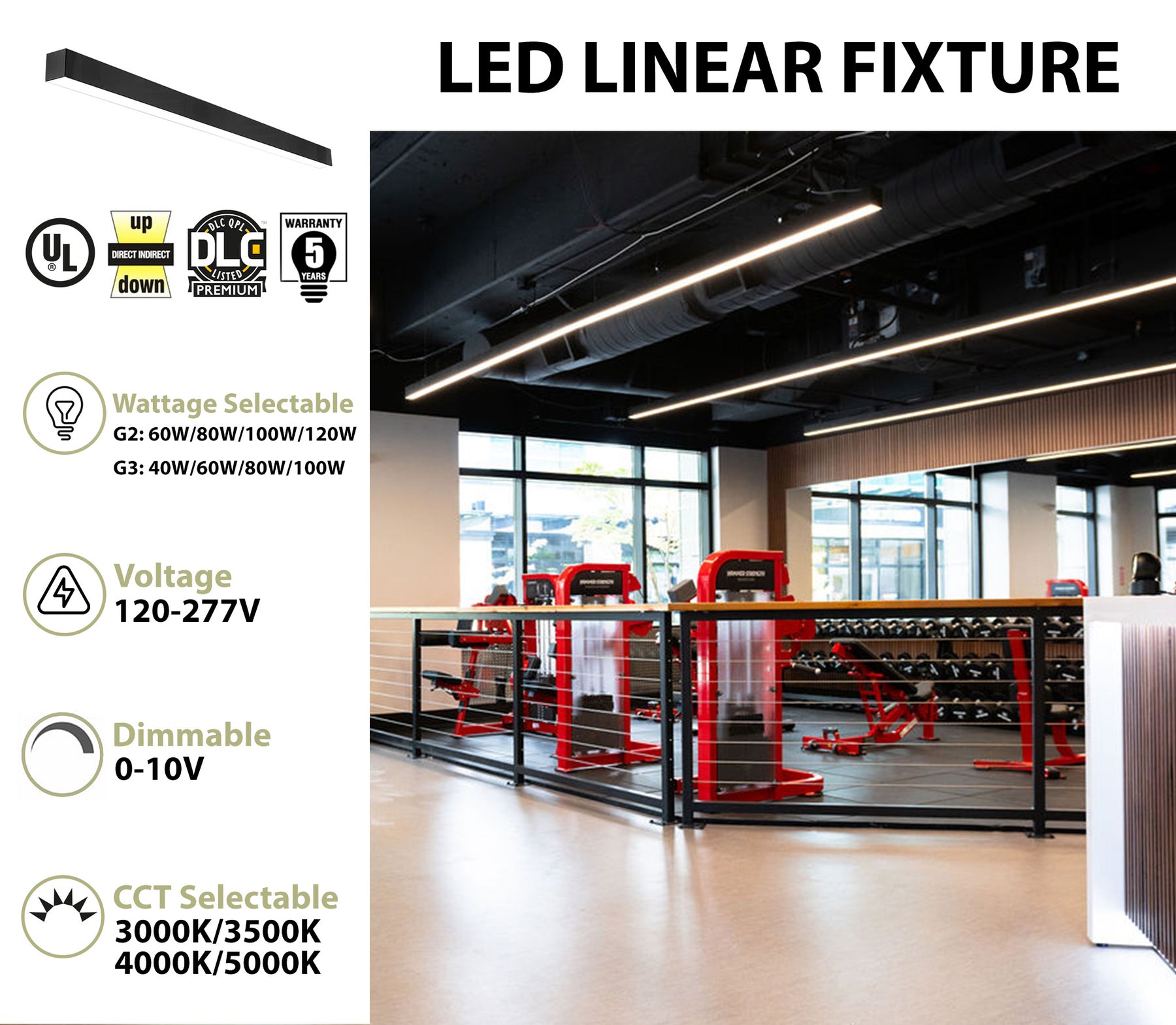 8 FT LED Direct/Indirect Suspended Linear Fixture, 13800 Lumens, Wattage and CCT Selectable, 120-277V, Black, White or Silver Finish