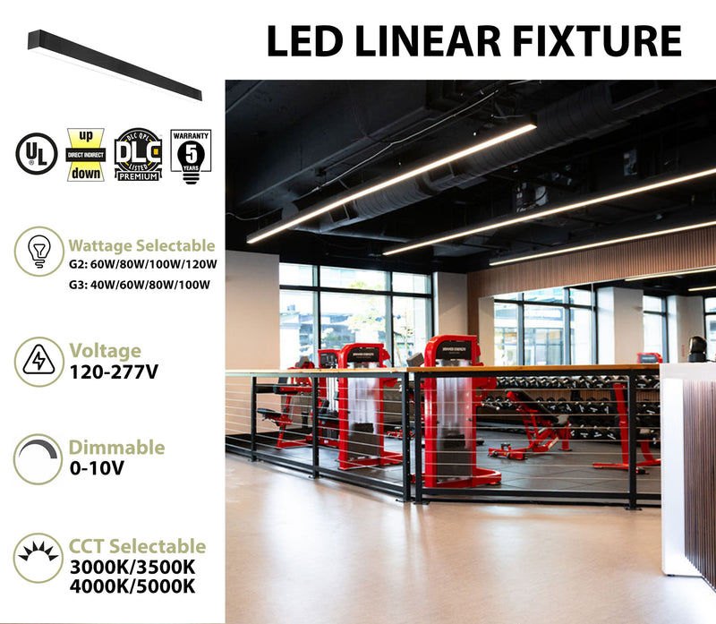 8 FT LED Direct/Indirect Suspended Linear Fixture, 13800 Lumens, Wattage and CCT Selectable, 120-277V, Black, White or Silver Finish