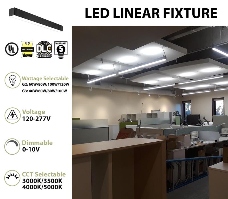 8 FT LED Direct/Indirect Suspended Linear Fixture, 13800 Lumens, Wattage and CCT Selectable, 120-277V, Black, White or Silver Finish