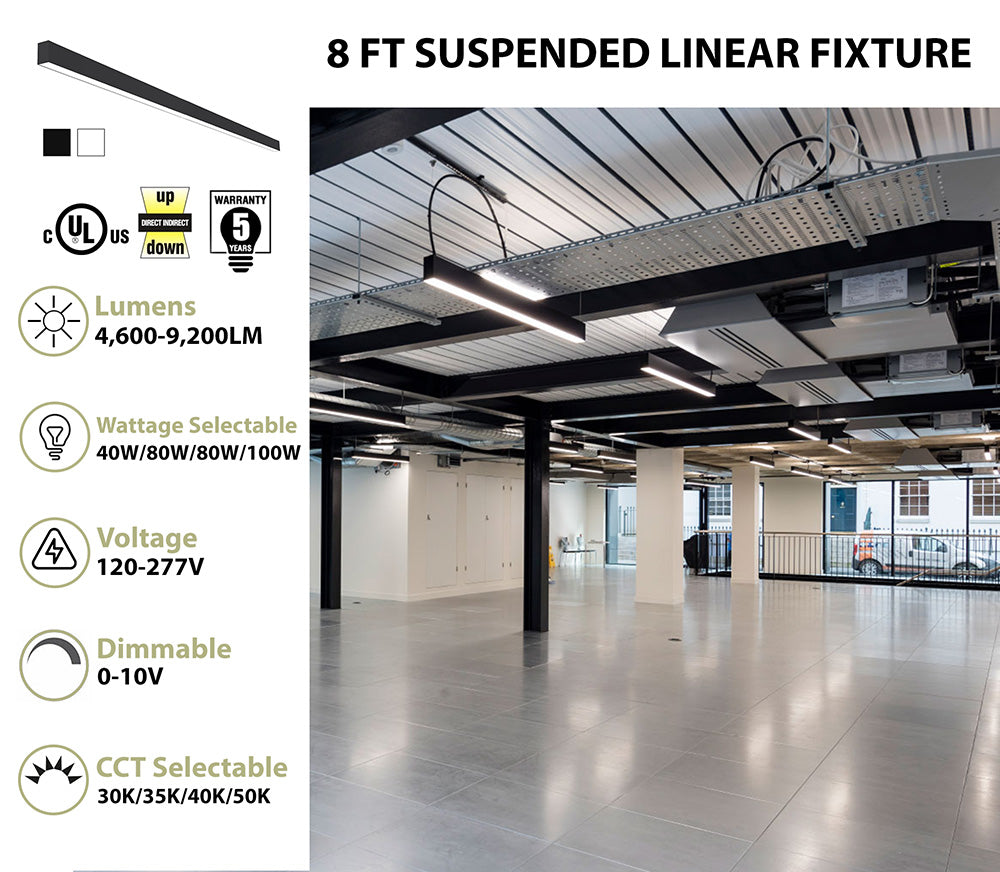8 FT LED Direct/Indirect Suspended Linear Fixture, 2" Wide, 9200 Lumen Max, Wattage and CCT Selectable, 120-277V, White or Black Finish